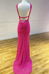 Cross Front Hot Pink Sequins Mermaid Long Semi Formal Prom Dress